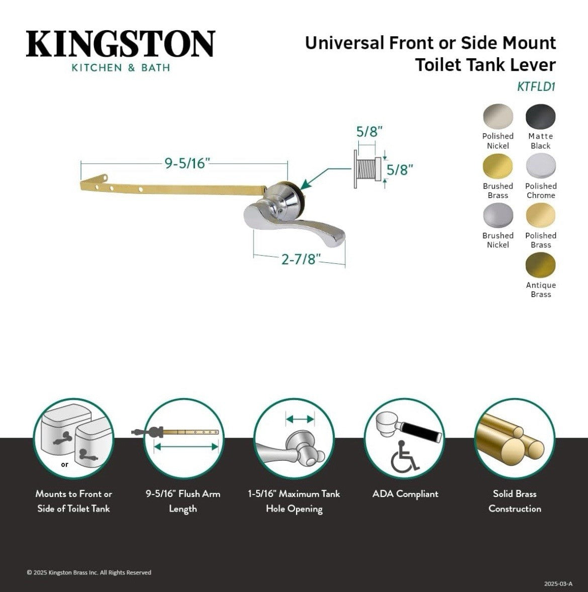 Kingston Brass KTFLD0 Royale Universal Front or Side Mount Toilet Tank Lever,