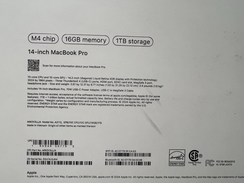 Apple MacBook Pro 14" M4 chip 16GB RAM 1TB SSD Space Black MW2V3LL/A 2024 Model