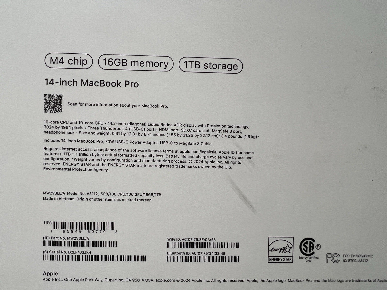 Apple MacBook Pro 14" M4 chip 16GB RAM 1TB SSD Space Black MW2V3LL/A 2024 Model