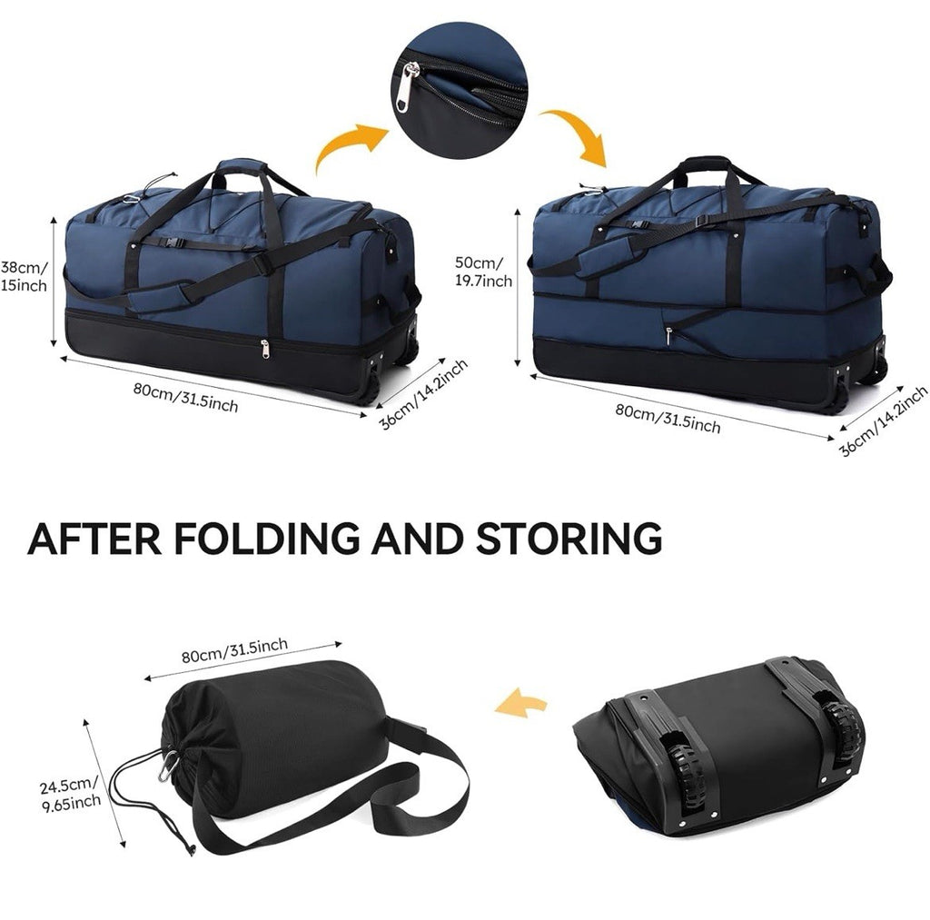 32” Expandable 140L Rolling Duffle Bag Luggage with 2 Inline Wheels Convertible