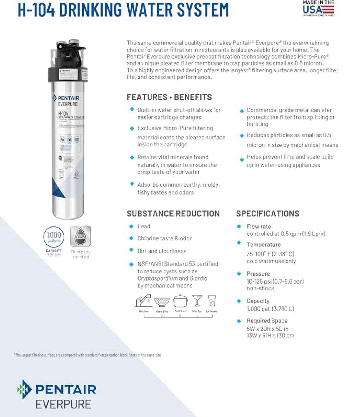 Pentair Everpure H-104 Quick-Change Filter Cartridge, EV961211 - Open Box