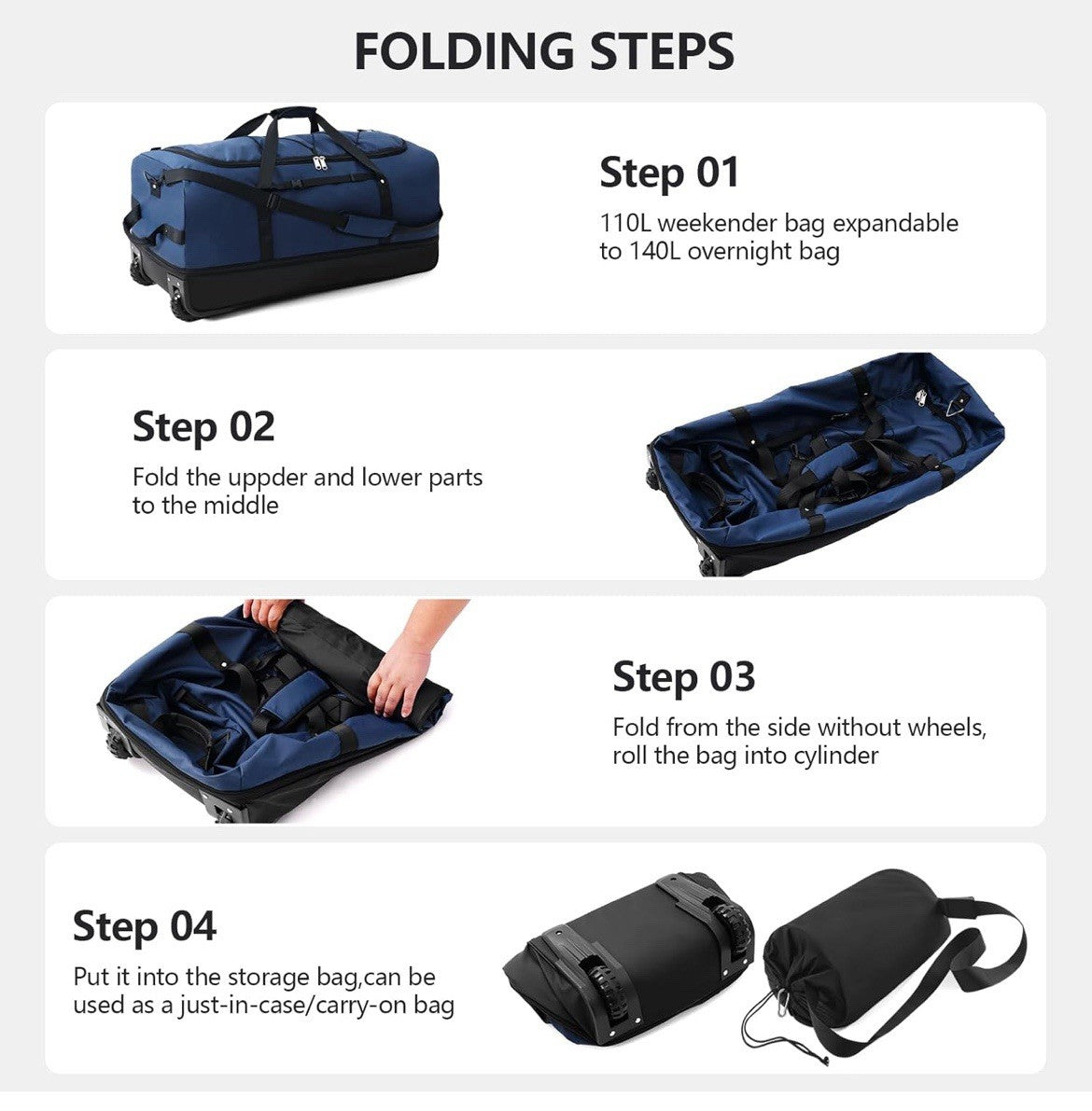 32” Expandable 140L Rolling Duffle Bag Luggage with 2 Inline Wheels Convertible