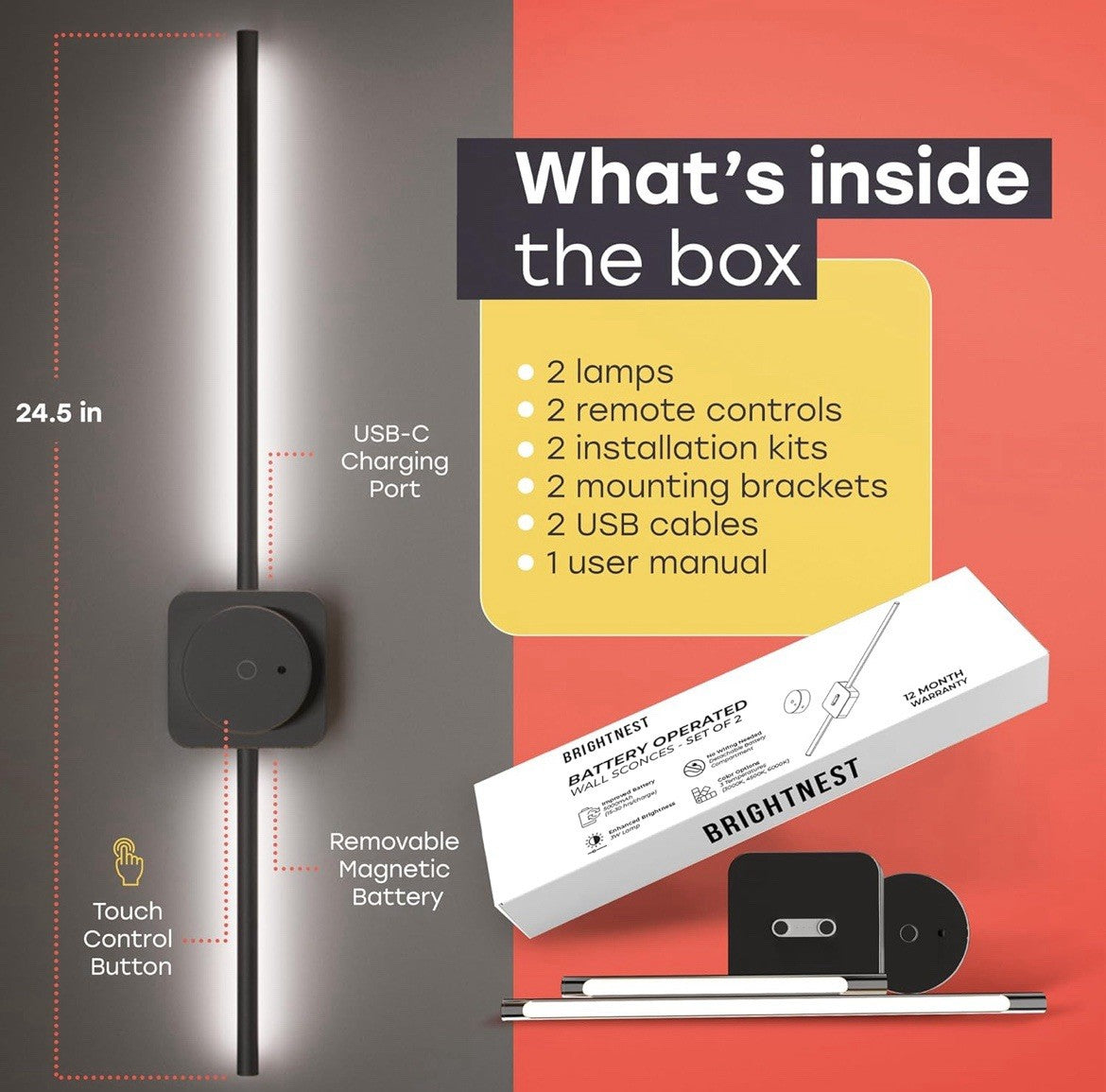 Set of 2 Detachable & Rechargeable Battery Operated Wall Sconce 24.5"  Black