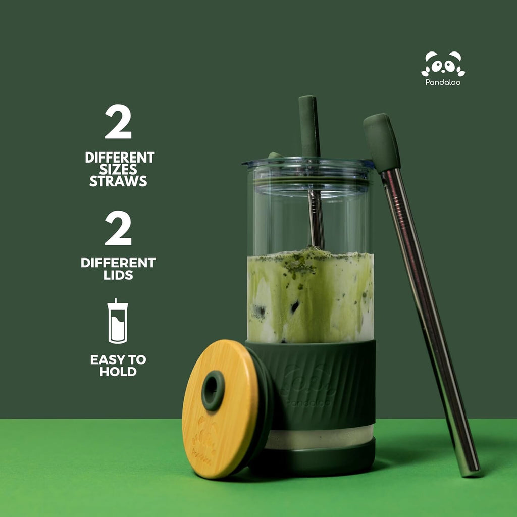 Pandaloo Glass Cup With Lids and Straws  Gift-20 Fl Oz- Perfect Size Coffee Cup