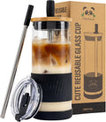 Pandaloo Glass Cup With Lids and Straws  Gift-20 Fl Oz- Perfect Size Coffee Cup