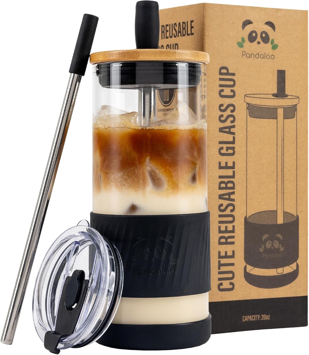 Pandaloo Glass Cup With Lids and Straws  Gift-20 Fl Oz- Perfect Size Coffee Cup