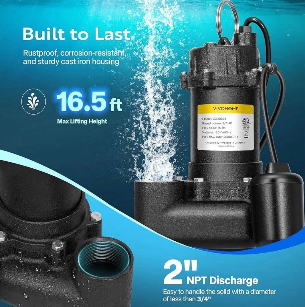 Submersible Sewage Pump Water Pump 3/4 HP 4680GPH Cast Iron w/ Float Switch