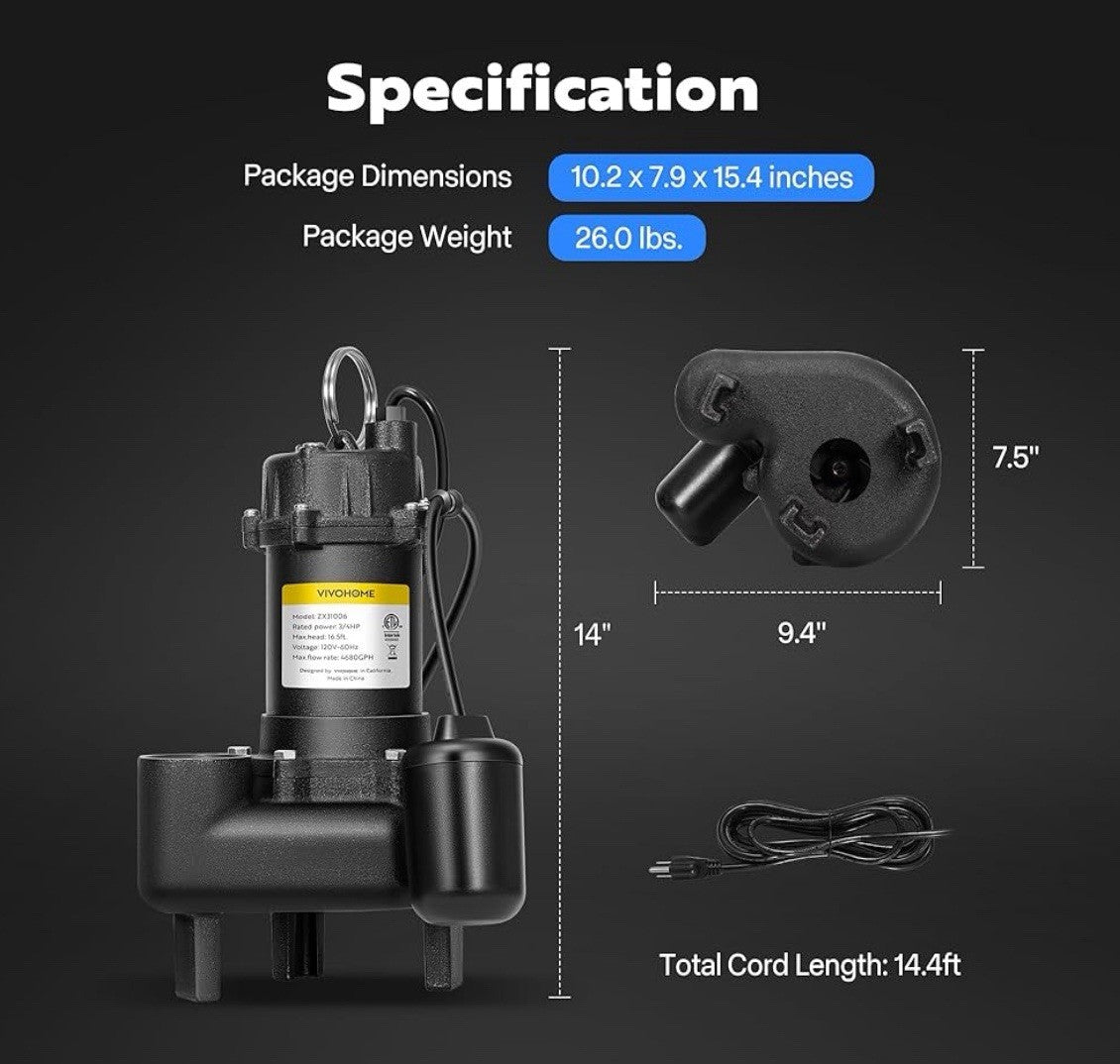 Submersible Sewage Pump Water Pump 3/4 HP 4680GPH Cast Iron w/ Float Switch