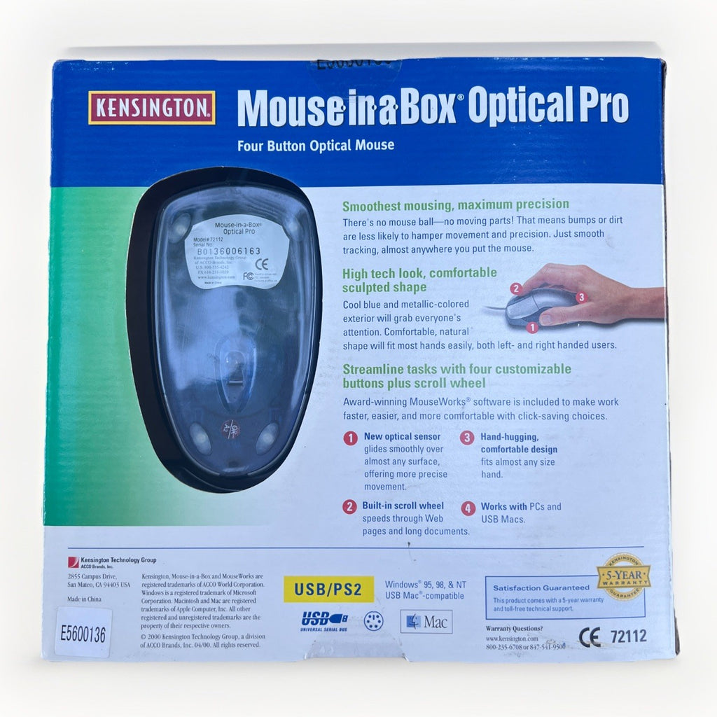 Kensington 72112 Mouse In A Box Optical Pro 4 Button USB/PS2 Mouse *NEW VINTAGE*