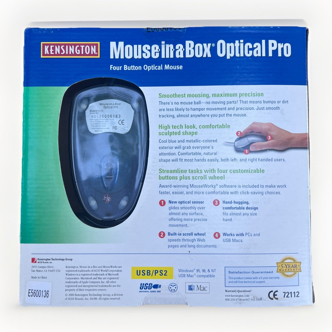 Kensington 72112 Mouse In A Box Optical Pro 4 Button USB/PS2 Mouse *NEW VINTAGE*