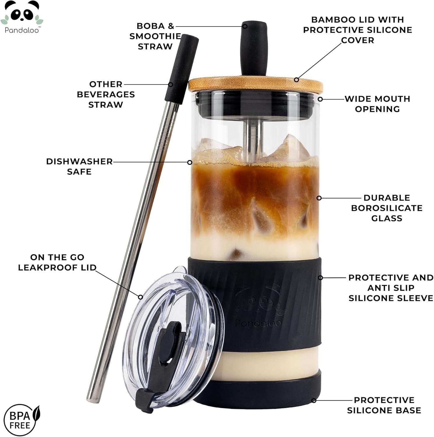 Pandaloo Glass Cup With Lids and Straws  Gift-20 Fl Oz- Perfect Size Coffee Cup