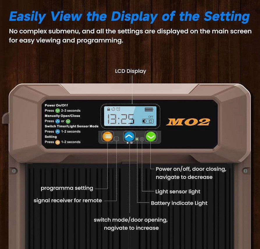 Solar-Powered Automatic Chicken Coop Door with LCD Screen - 4 Open Modes Timer