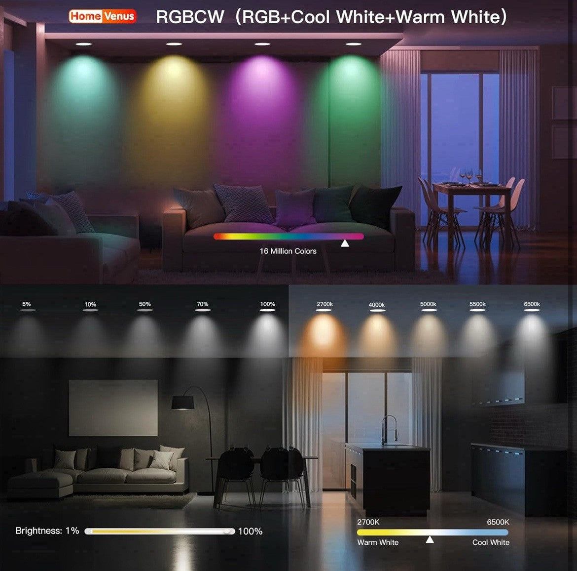 Smart Recessed Lighting 4 Inch RGBCW Color Changing 9W LED Downlight (4 Pack)
