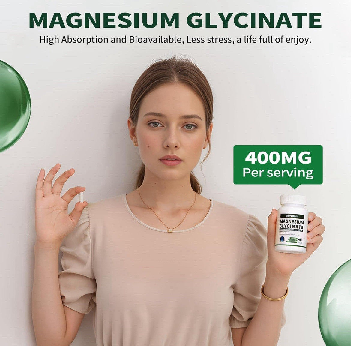 Magnesium Glycinate 400 MG per Serving 100% Chelated for High Absorption, Gentle