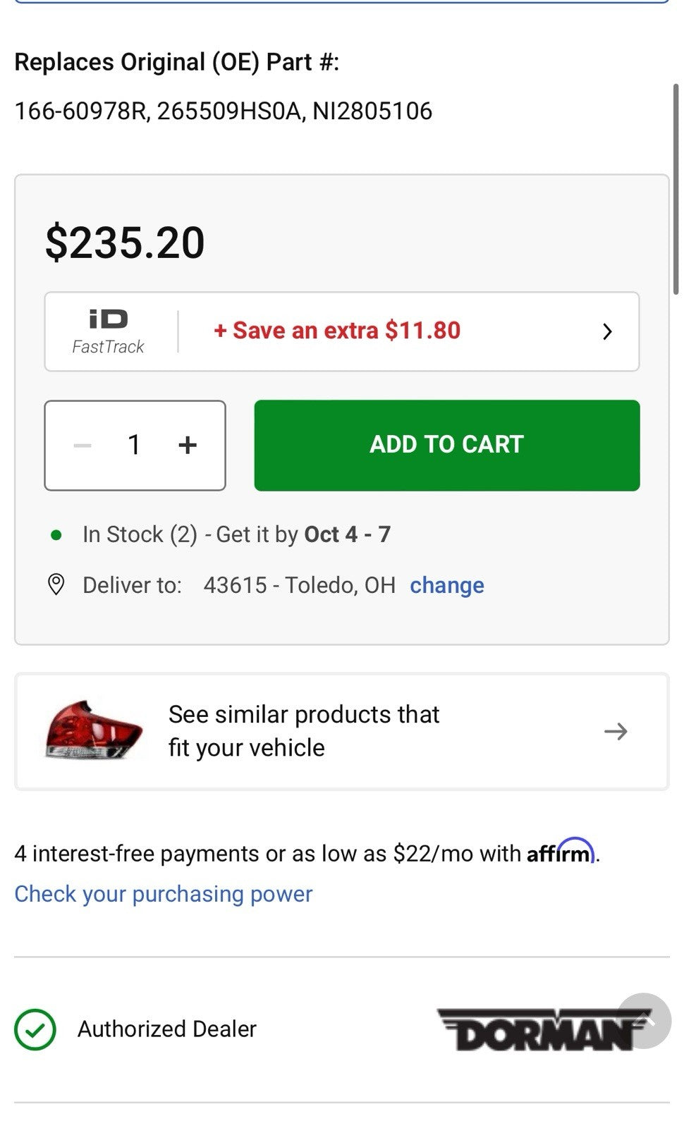 Dorman® 1590392 - Passenger Side Replacement Tail Light for Nissan Altima