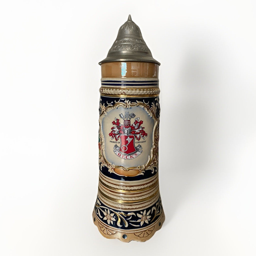 Becks Large Stein with Pewter Lid – M/R 300-Porcelain Ceramic Breweriana