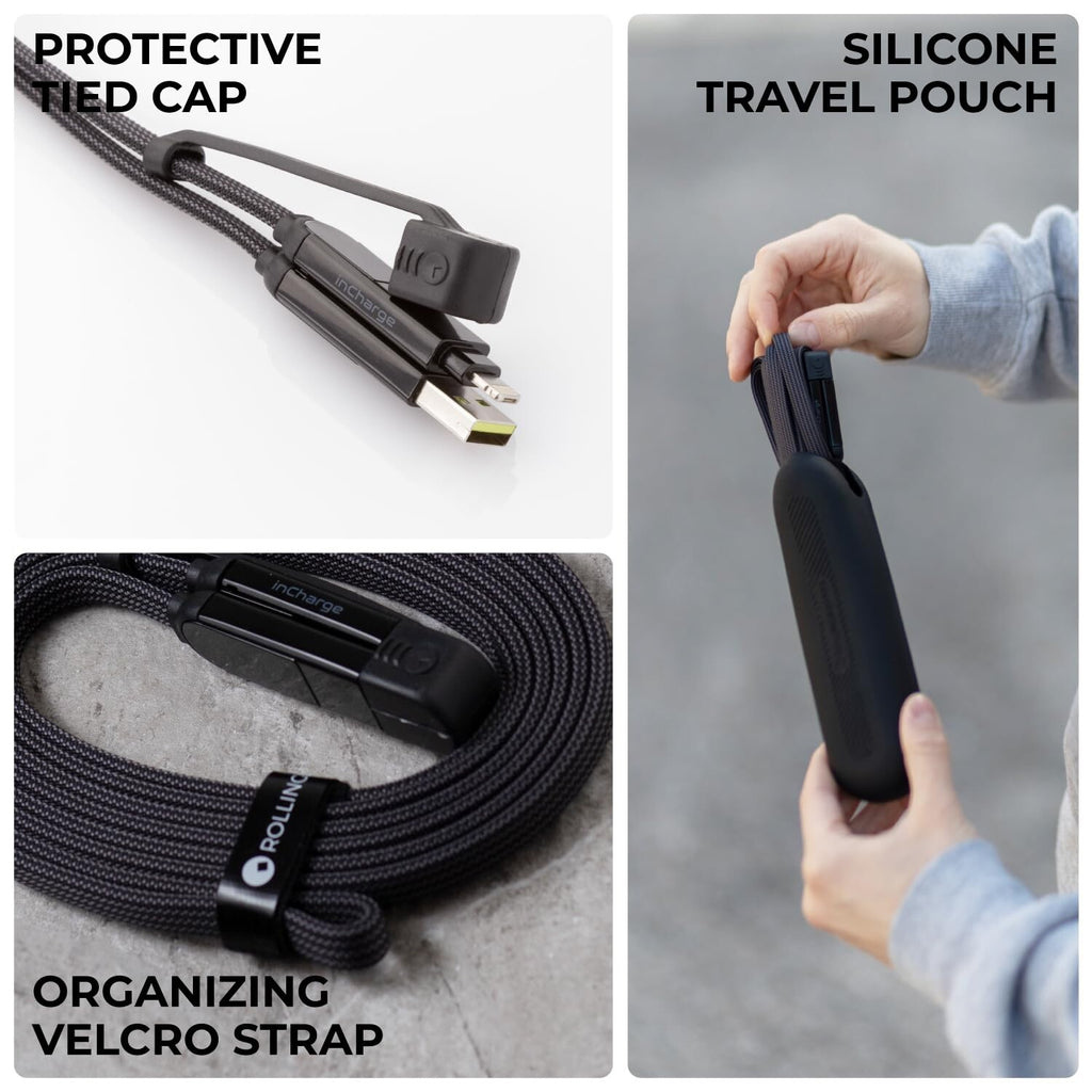 inCharge XL 6-in-1 Multi Charging Cable Portable USB 10ft Rolling Square