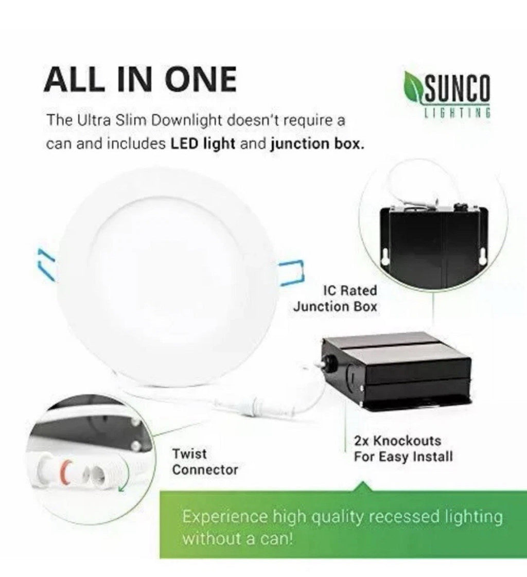 Sunco Lighting 2 Pack 6 Inch Slim LED Downlight with Junction Box 14w-6k