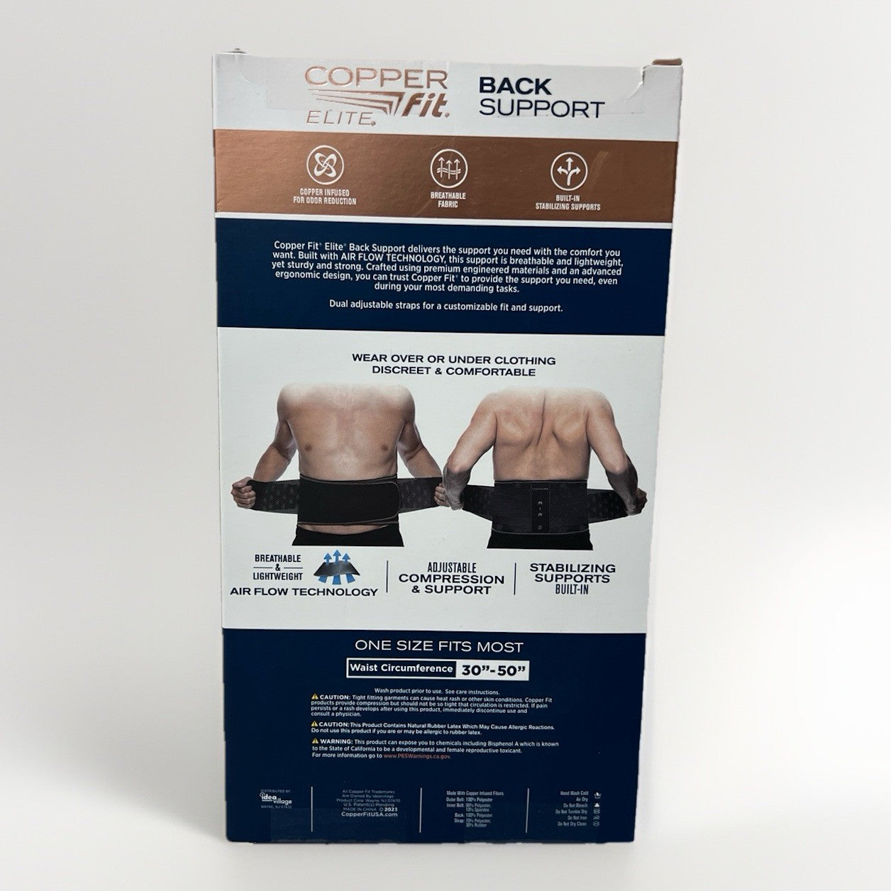 New- Copper Fit Elite Back Support W/ Air Flow Back Brace- 30''-50'' Waist Cir.