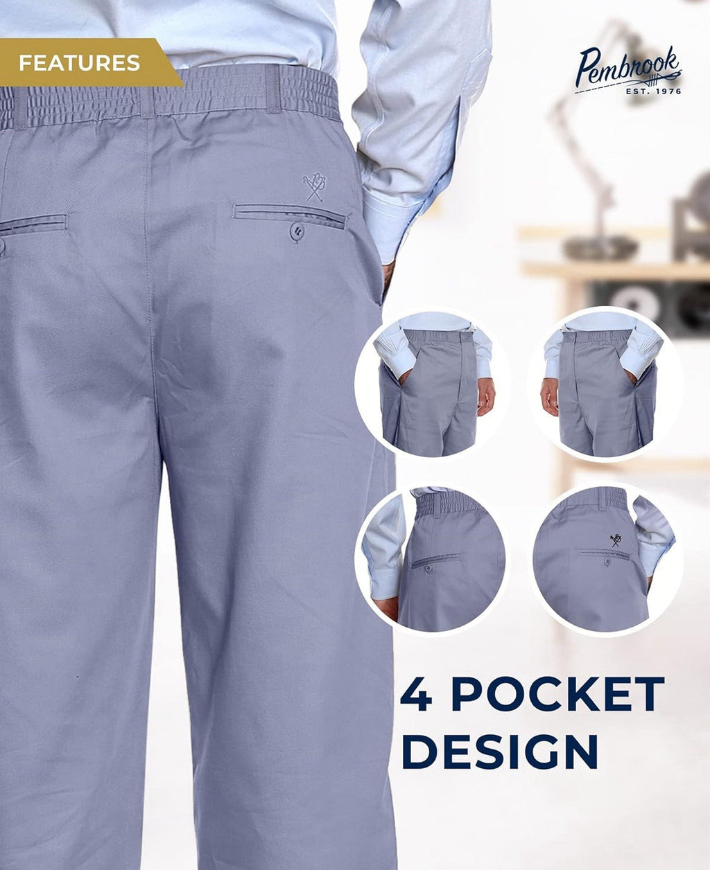 Pembrook Mens Elastic Waist Pants Casual Pants Gray Washable No Wrinkle Size XL