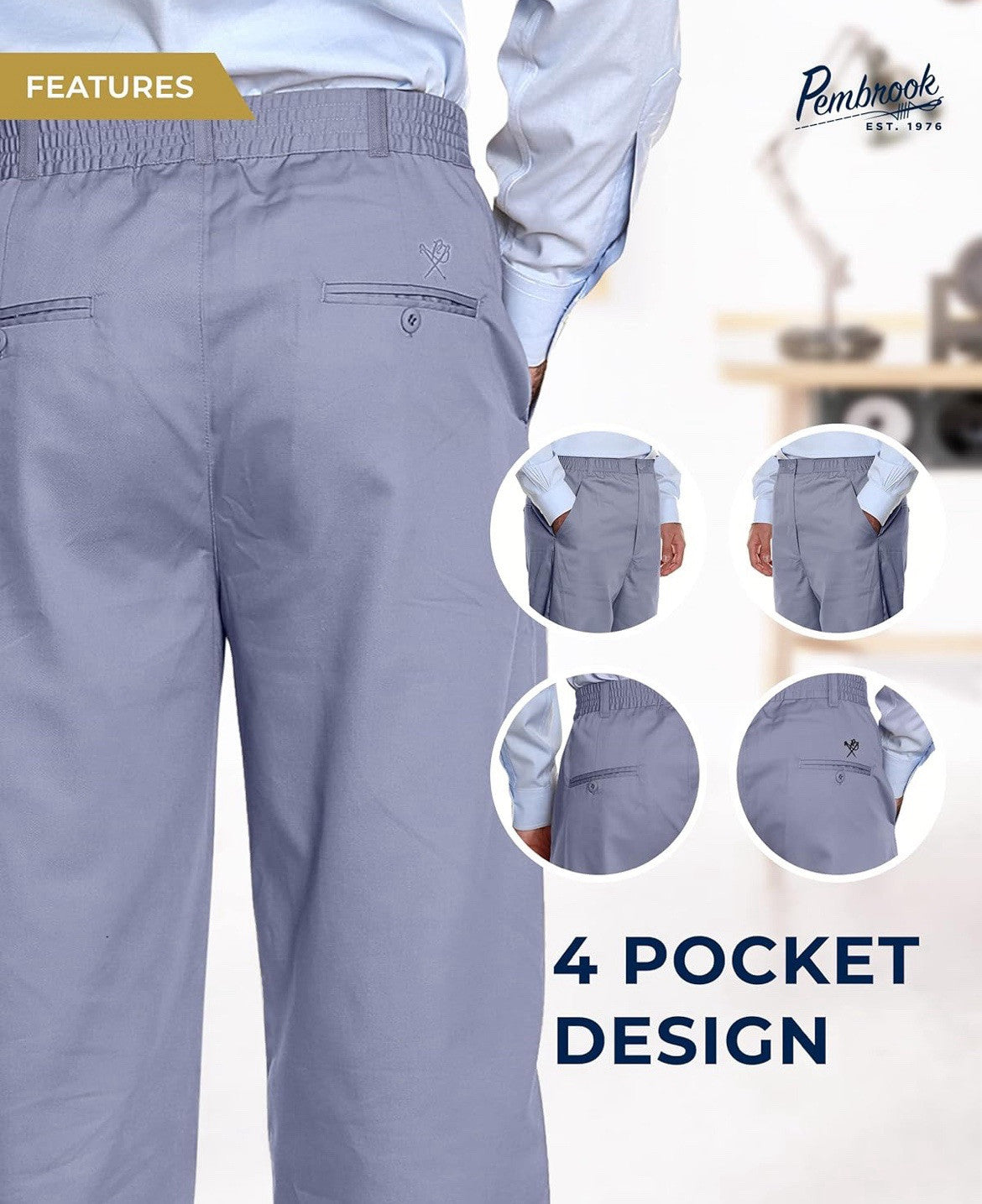 Pembrook Mens Elastic Waist Pants Casual Pants Gray Washable No Wrinkle Size XL