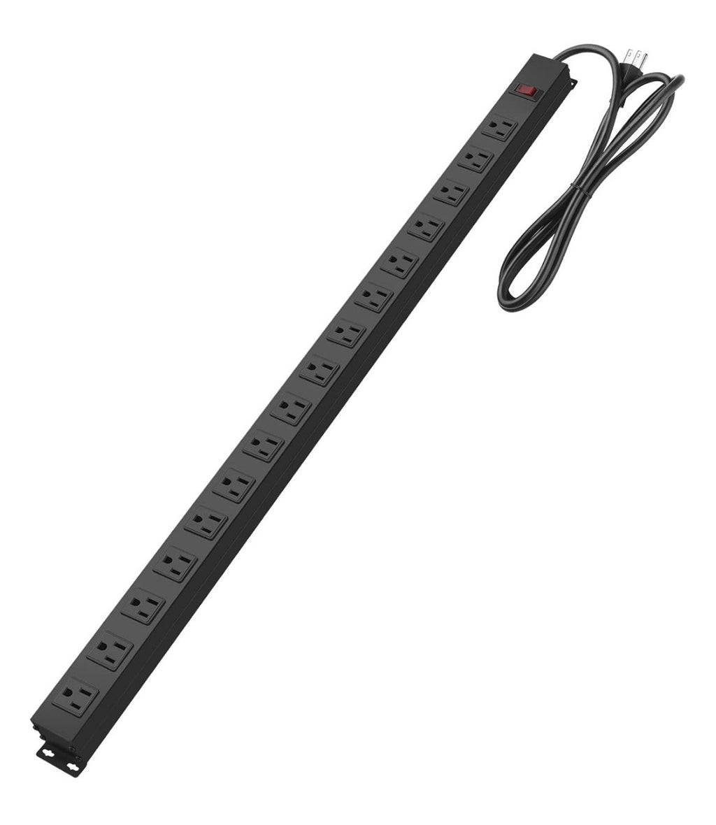 Metal Wall Mount Power Strip, 16 Outlets, 3 FT, SJT 3/C 14AWG Power Cord, Black