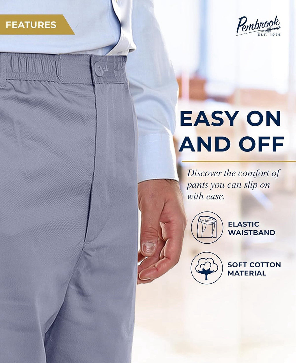 Pembrook Mens Elastic Waist Pants Casual Pants Gray Washable No Wrinkle Size XL