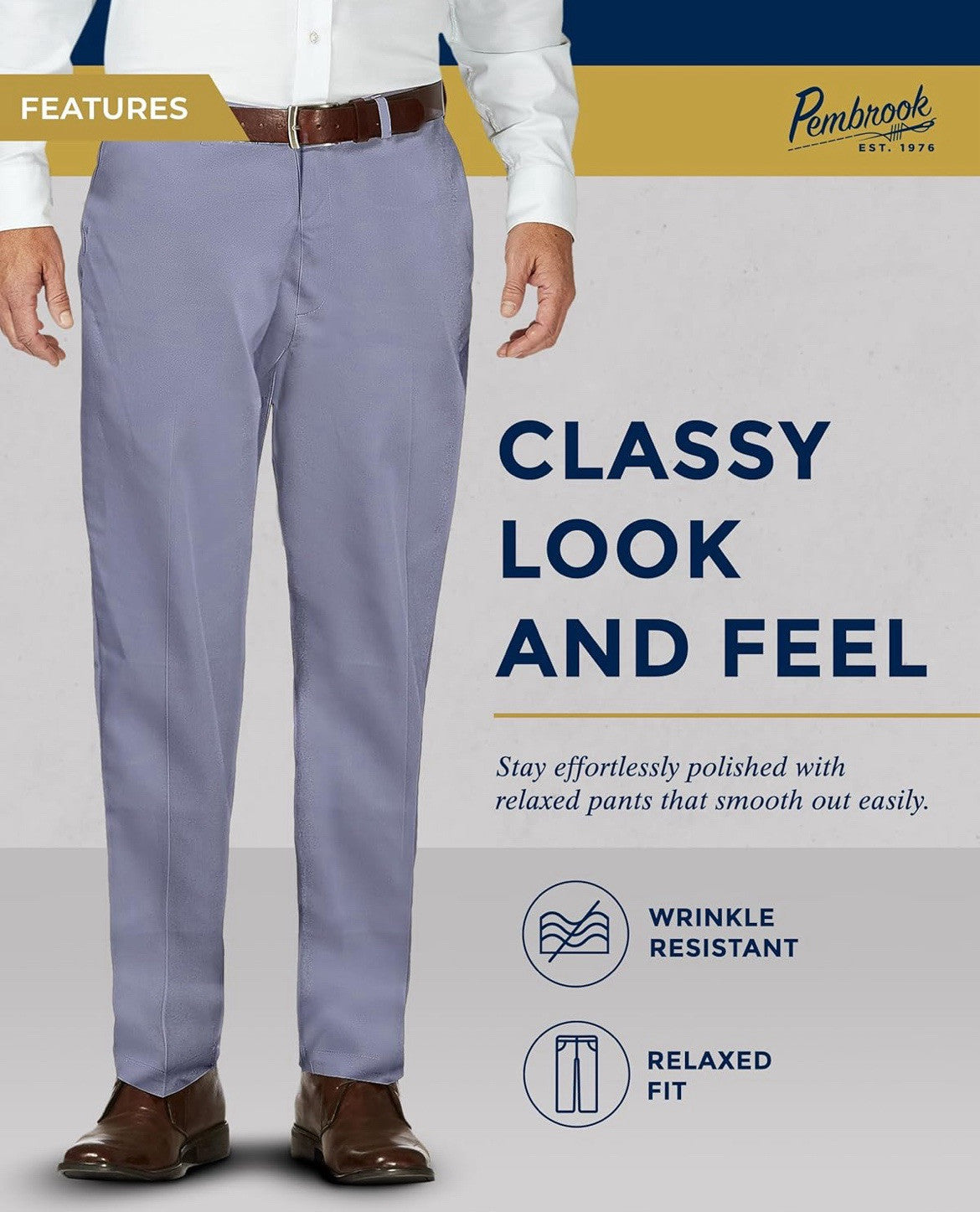 Pembrook Mens Elastic Waist Pants Casual Pants Gray Washable No Wrinkle Size XL