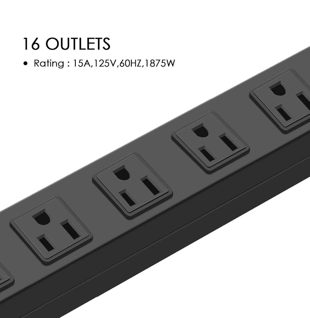 Metal Wall Mount Power Strip, 16 Outlets, 3 FT, SJT 3/C 14AWG Power Cord, Black