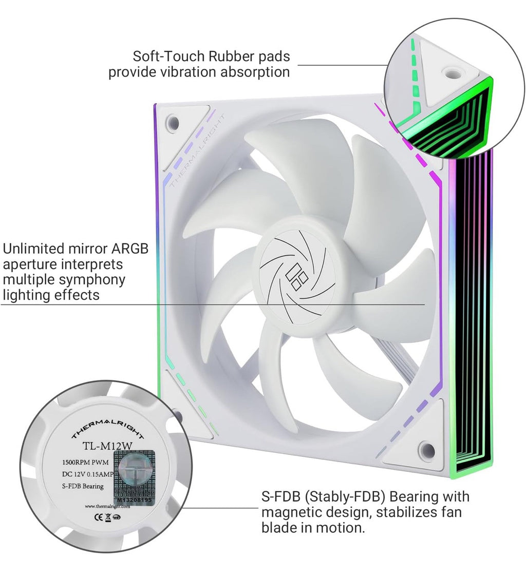 TL-M12W Case Fan 120mm ARGB CPU Cooler Fan Comes with ARGB Mirror Light Effec...