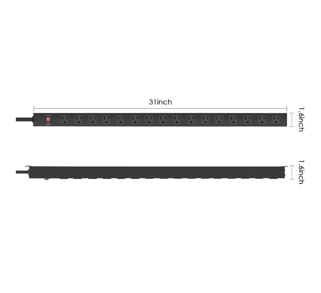 Metal Wall Mount Power Strip, 16 Outlets, 3 FT, SJT 3/C 14AWG Power Cord, Black