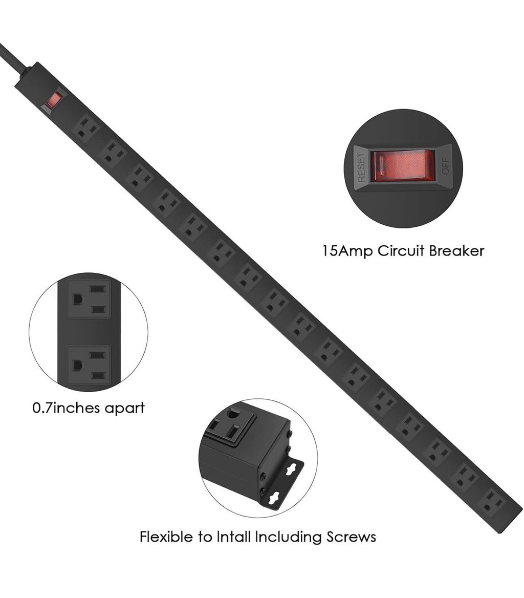 Metal Wall Mount Power Strip, 16 Outlets, 3 FT, SJT 3/C 14AWG Power Cord, Black
