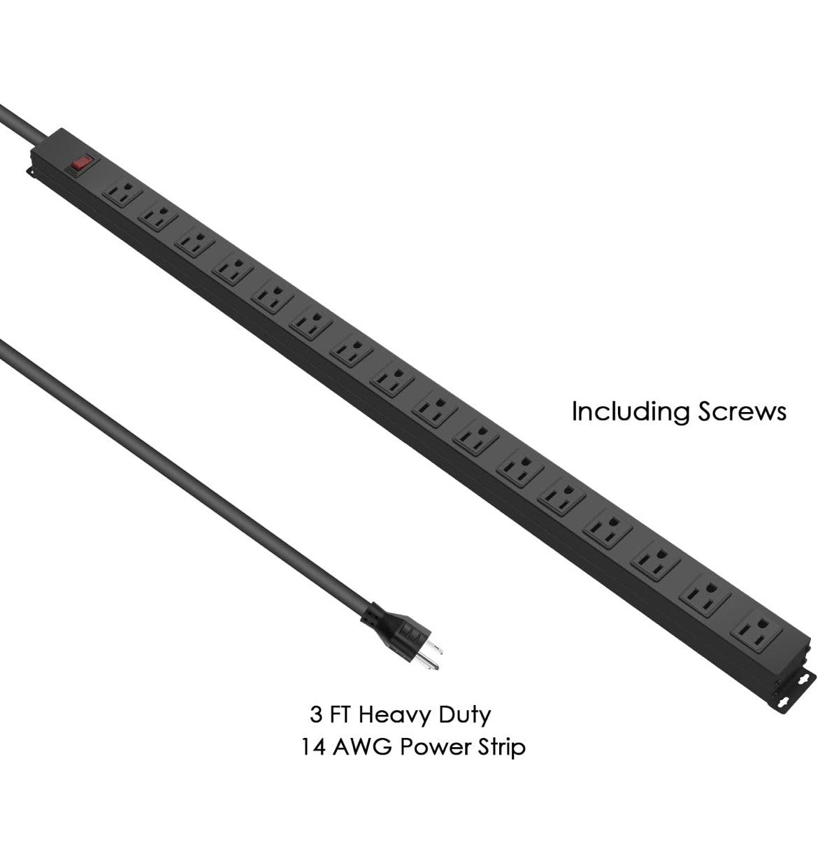 Metal Wall Mount Power Strip, 16 Outlets, 3 FT, SJT 3/C 14AWG Power Cord, Black